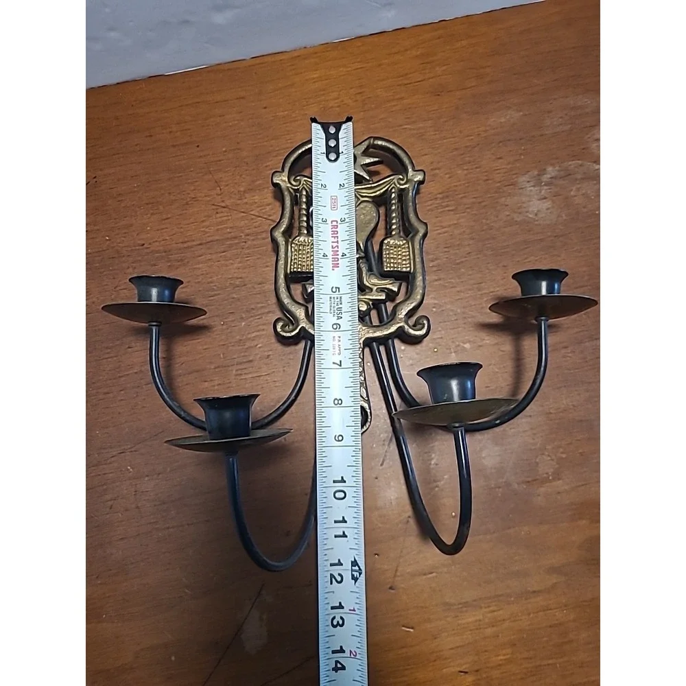 Vtg Pennsylvania Dutch Brass Trivet Wall Sconce 4 Candle Holder Unique Decor‎